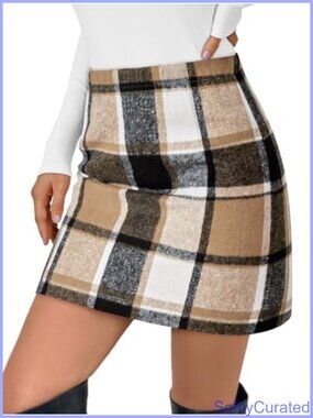 Plaid Mini Skirt High Waisted Bodycon Polyester Fall Winter